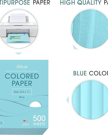 Alitte Colored Paper 500-Sheets - Blue Paper, 8.5 x 11 Colored Printer Paper, Arts & Crafts, DIY Projects - School & Office Supplies - Pastel Copy Paper, 1 Ream, Made in the USA