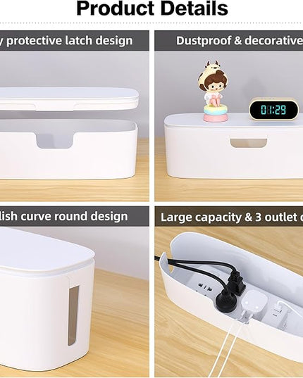 Cable Management Box - Large Cord Organizer Box to Hide Power Strip & Under Desk, TV Computer Wires Cable Organizer Box with Baby Proofs, Desk Cord Organizer for Home/Office - White
