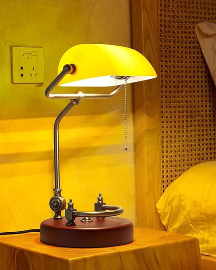 Bankers Lamp, Traditional Orange Desk Lamp with Solid Birch Wood Base, Orange Glass Antique Library Lamp with Pull Chain Switch, Plug in Vintage Bankers Desk Lamp for Office, Study Room 【E26 Socket】