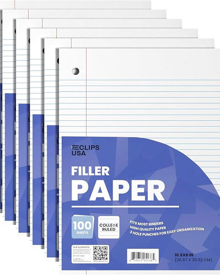 Loose Leaf Paper College Ruled Notebook Paper College Ruled Lined Writing Filler Paper 10.5” x 8” 600 Sheets 100 Sheets Per Pack 60 gsm (6 Pack)