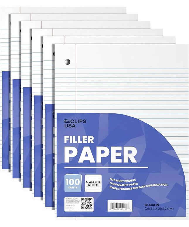 Loose Leaf Paper College Ruled Notebook Paper College Ruled Lined Writing Filler Paper 10.5” x 8” 600 Sheets 100 Sheets Per Pack 60 gsm (6 Pack)