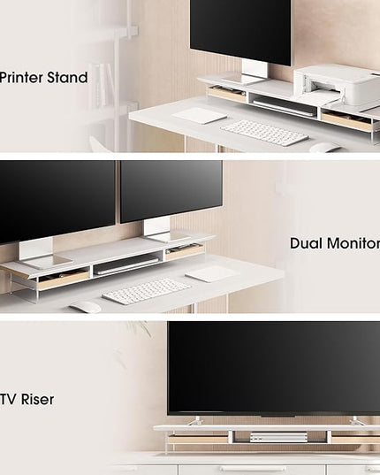 Fenge Dual Monitor Stand with Drawer, 42.5 Inch Large Monitor Riser with Acrylic Legs Supports, Computer Stand for Desk, 2 Tier Wood Desk Shelf with Storage Organizer for PC, Laptop, Printer, TV