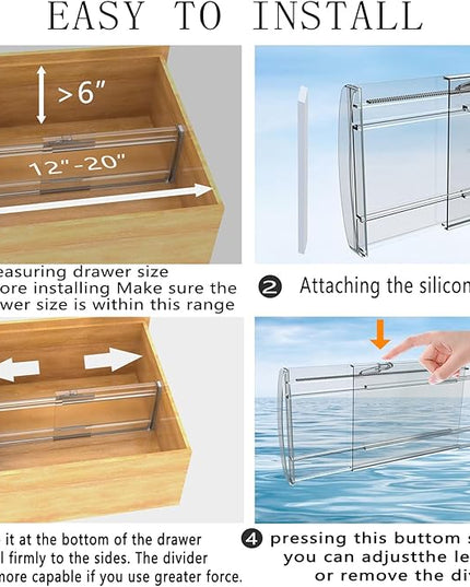 8 Pack Adjustable Drawer Dividers for Clothes,6" High Expandable From 12-20" Clear Drawer Organizers, PC Plastic Separators for Dresser/Bedroom/Bathroom/Kitchen/Office Storage