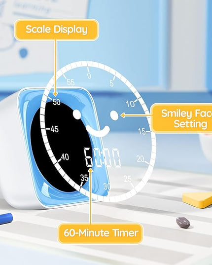 60-Minute Visual Timer for Kids Digital Visual Countdown Timer for Kids Toddler for School Classroom, Time Management Tool with Silent Operation, Blue & White