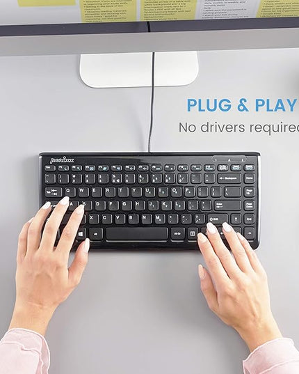 Perixx PERIBOARD-407B US, Wired USB Mini Keyboard with 11 Hot Keys - Glossy Black - US English Layout