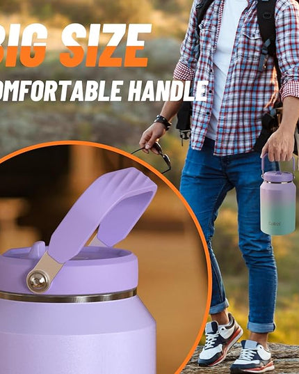 64 oz Insulated Water Bottle with Flip Straw, Vacuum Insulated Stainless Steel Jug with Top Handle, Leak-Proof Lid, Sweat-Free, Wide Mouth, Keeps Ice Cold up to 34 Hours