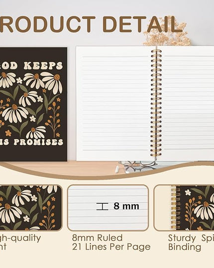 Boho Floral Christian Spiral Journal Notebook 5.5x8.3in, Bible Scripture Cottagecore Journal for Woman, God Keeps His Promises Religious Notebooks for Note Taking, Hardcover Notebook