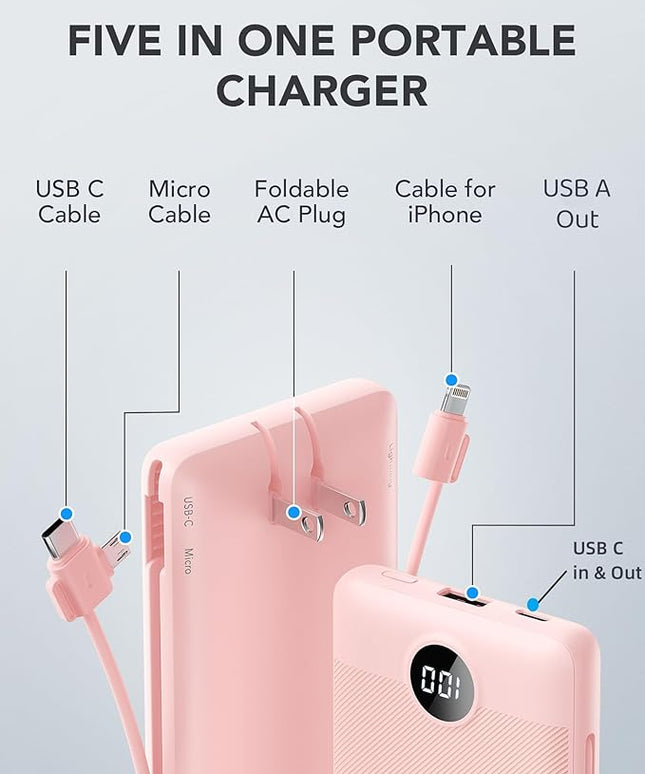VRURC Portable Charger Built-in Cables and AC Wall Plug,USB C Power Bank 10000mAh, Travel Essentials Phone Charger Compact Lightweight External Battery Pack for Smart Phones, Tablets etc-Pink