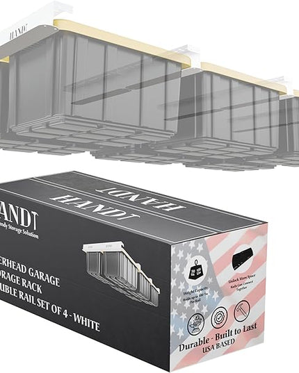 HANDT Overhead Garage Storage Rack, Connectable Heavy Duty Metal Ceiling Rails For Garage Storage Organization Shelving System, Hanging Racks For Tote Containers, Supports Up To 6 Bins, 4 Sets White