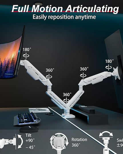 Dual Monitor Arm for 17-35" Screens up to 24.2 lbs, Ergonomic Gas Spring Monitor Stand with Height Adjust, Tilt, Swivel & Cable Management, VESA Desk Mount with 2 Types of Installation, White