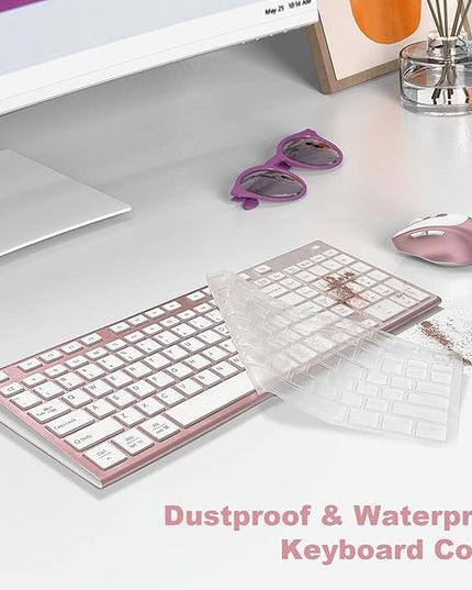 FENIFOX Wireless Keyboard and Mouse, Rechargeable USB C Combo Silent Quiet Compact Full Size Flat with Number Pad Soft Cover for Mac MacBook iMac Windows PC Laptop Computer Office - Pink & Rose Gold