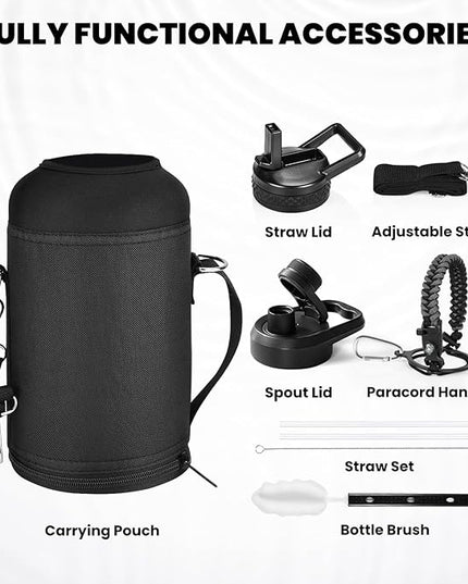 Insulated Water Bottle 64 oz, Triple Wall Vacuum Stainless Steel (Cold for 48 Hrs), Leak Proof & Non-BPA, Half Gallon Water Flask Jug with Paracord Handle & Straw Spout Lids, Dark Gray