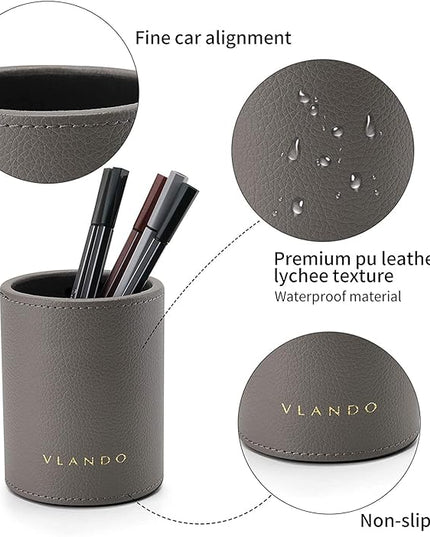 Vlando Office Desk Organizer Leather Desktop Organizer Caddy with Drawer for Storing Desktop Supplies and Accessories (Grey Set)