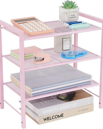 Desktop Shelf Organizer, 3-Tier Office Storage Rack, Adjustable Metal Bookshelf for Top of Desk, Pink Desk Organizer for Office, Home, Dorm and Small Spaces (Pink)