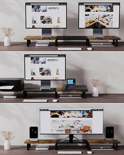 43.7" Extra Long Dual Monitor Stand Riser, Wood & Steel Monitor Stand for 2 Monitors, Wide TV Stand, Desktop Riser for Desk Organization, Home Office、Laptop,Printer,TV (Vintage black)