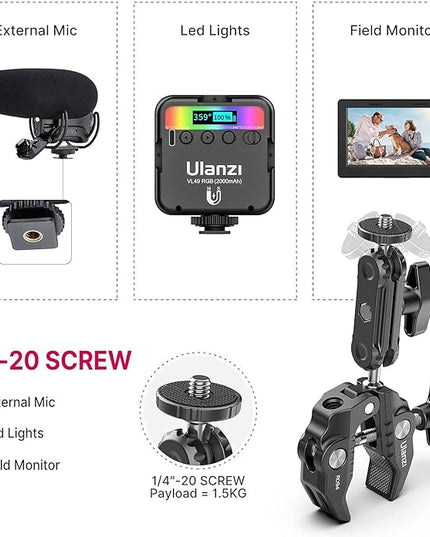 ULANZI Super Clamp Camera Clamp Mount Monitor 360° Ballhead Magic Arm Double Ball Head Adapter with 1/4"-20 & 3/8"-16 Thread ST-07 Phone Tripod Mount