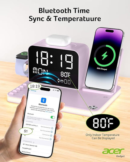 Acer 7-in-1 Wireless Charging Station with LED Clock - 30W Fast Wireless Charger for iPhone 16/15/14/13/12/Pro Max, Apple Watch, AirPods - Bluetooth Auto Time Sync & Night Lights (Purple)