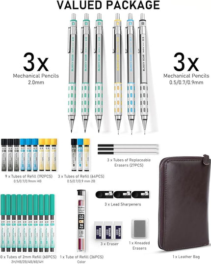 Nicpro Blocky Gear Metal Mechanical Pencil Set with Leather Case, 40PCS Art Drafting Pencil 0.5, 0.7, 0.9 & 2mm Lead Pencil with 352PCS (HB 2H 4H 2B 4B 6B Color) Lead Refills for Sketching Drawing