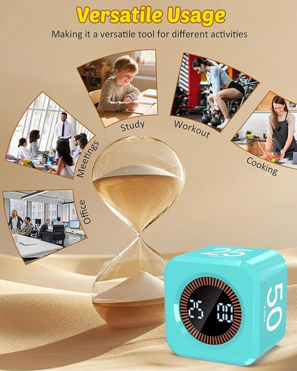 Digital Pomodoro Timer Cube 5/10/25/50min, Visual Productivity Flip Timer for Kids Classroom Desk, Custom Countdown, Silent and Sound Mode for ADHD Study Work Game Kitchen (Mint Green)