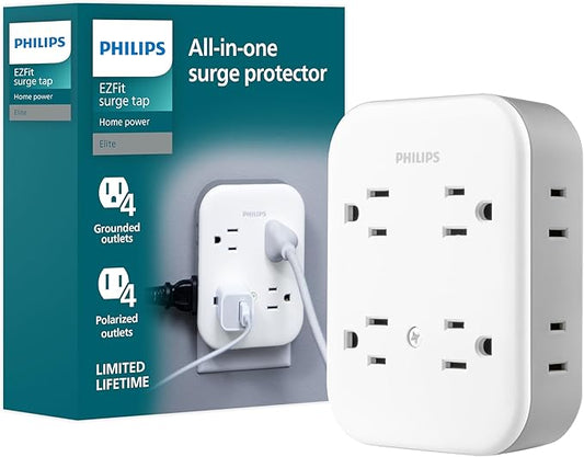 Philips All-in-One Surge Tap, 4 Grounded & 4 Polarized Outlets, 1140 Joules, Adapter-Spaced Design, ETL Certified, White/Gray, SPP3993W/37