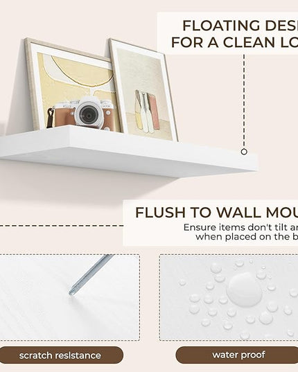 RICHFOCUS 31.5Inch Floating Shelves for Wall 2 Pack Shelves for Bedroom|Kitchen|Bathroom Wall Mounted Rustic Wood Floating Shelf with Invisible Brackets for Books|Storage|Decor, White