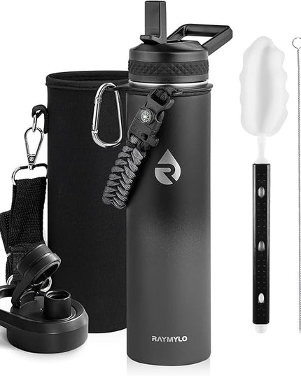 Insulated Water Bottle 24oz, Triple Wall Vacuum Stainless Steel (Cold for 48 Hrs, Hot for 24Hrs), Leak Proof & Non-BPA, 24oz Hydro Water Flask with Paracord Handle & Straw Spout Lids