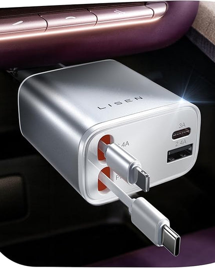 LISEN White Retractable Car Charger, for Gifts for Him Her, for iPhone 17, Cute 4 in 1 Retractable USB C Car Charger for Women, 75W Fast Charging Car Accessories for iPhone & Samsung S26 & Android