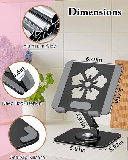 Tablet Stand for iPad, 360° Rotating Aluminum Foldable Holder – Adjustable Desk Stand | Fits iPad Pro 12.9/11,Samsung Galaxy Tab – Portable for Home, Office & Travel,Black
