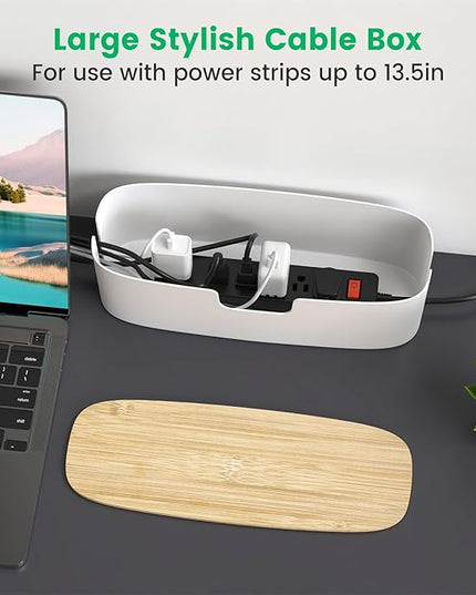 Large Cable Management Box - Cord Organize Box with Bamboo lid for Safe Home & Office, Cord Hider for Power Strip Under Desk, Cover TV Wires, Child & Pet Proof Cord Box, White