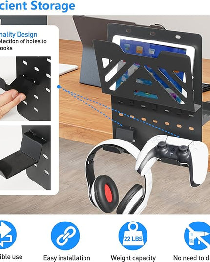 MAXECHO Desk Side Storage Holder, Metal Pegboard, Above or Under Desk Laptop Mount, Table Side Hanging File Organizer, Clamp On Cable Management Tray, Peg Board for Gaming, Office