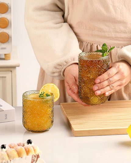 Green Drinking Glasses Set of 12, 12 Oz Highball & 10 Oz Cocktail Glasses, Green Kitchen Vintage Glassware Set, Floral Embossed Glass Tumbler Cups for Water, Beer, Juice, Whiskey, Coffee