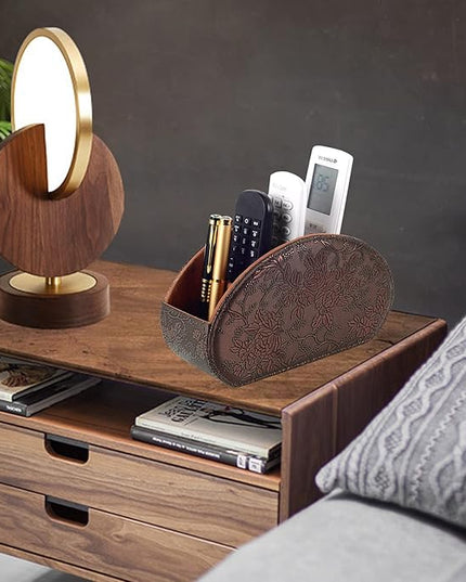 Leather Remote Control Holder TV Remote Caddy Store Box, Bedside Table Organizer for Controller, Media Player, Brush, Glasses, Note Paper and Pen Storage(Retro)