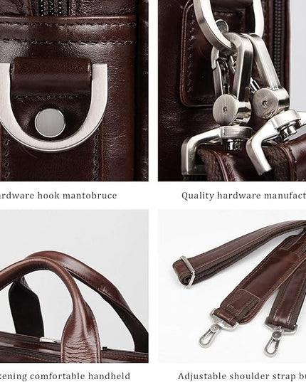 Augus Genuine Leather Mens Briefcase businessTravel Bags 15.6 Inch Laptop Bag YKK Zipper, Coffee