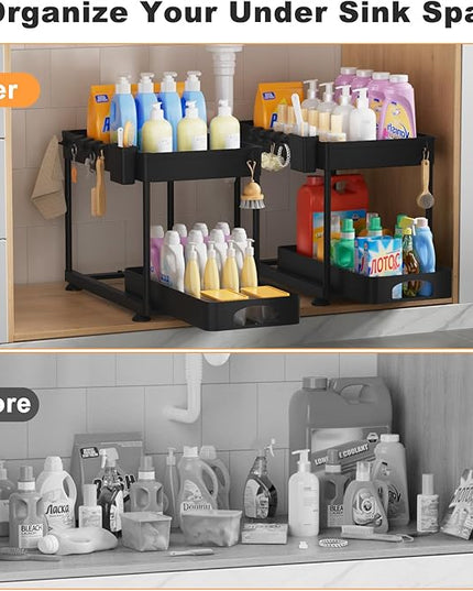 Under Sink Organizer, Under Kitchen Sink Organizer, 2 Pack Bathroom Cabinet Organizers and Storage, 2 Tier Pull-Out Multi-Purpose Storage Organizers for Bathroom Kitchen Cabinet, Black