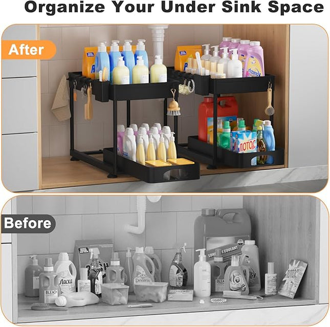 Under Sink Organizer, Under Kitchen Sink Organizer, 2 Pack Bathroom Cabinet Organizers and Storage, 2 Tier Pull-Out Multi-Purpose Storage Organizers for Bathroom Kitchen Cabinet, Black