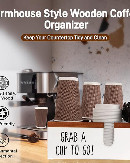 Intarsio 100% Wooden Coffee Cups Holder with U-Shape Cutout Design for Countertop-Coffee Bar Organizer for Cups, Lids, Pods, Stirrers, and Accessories, Great Gift for Home or Office (White)