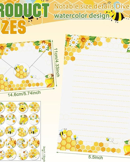 TaoBary 160 Pcs Stationery Paper Set 50 Double Sided Stationery Papers with 50 Matching Envelopes and 60 Round Dot Sticker, 10 Design(Bee,8.25 x5.5 Inch)