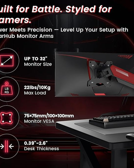 NearHub Gaming Monitor Mount for Computer Screen 13-32" and up to 22 lbs,360° Rotation,+90° to -45° Tilt,180° Swivel,with C Clamp and Grommet Base,Integrated Cable Management,75x75/100x100 VESA,RED