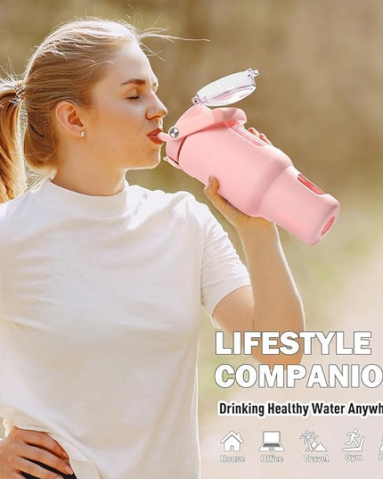 BLUEGO 40oz Glass Tumbler with Lid and Straw, Glass Water Bottles with Handle, Glass Cup with Time Marker and Silicone Sleeve, Fits Most Cup Holder, Leak-proof, Pink