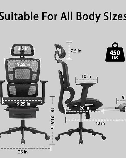 Ergonomic Office Chair with Footrest, 4D Adjustable Armrests, Comfy Swivel Rolling Mesh Computer Desk Chair with Lumbar Support, Wheels for Office, Home, Gaming, S2 Elite