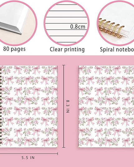 Bow Floral Journal, pink Floral Botanical Notebook, Flower Notebook, Pink Girly Journal, Preppy Gifts for Women, Floral Hardcover Spiral Notebook 80 Sheets -160 Pages 5.5x8.3 Inch