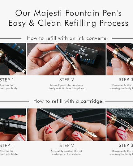 Wordsworth & Black Majesti Fountain Pen-(Checked), Luxury Case, Chrome Finish; Extra Fine Nib- Ink Cartridges, Refillable Ink Converter-Calligraphy Pen-Best Business Gift Set for Men & Women