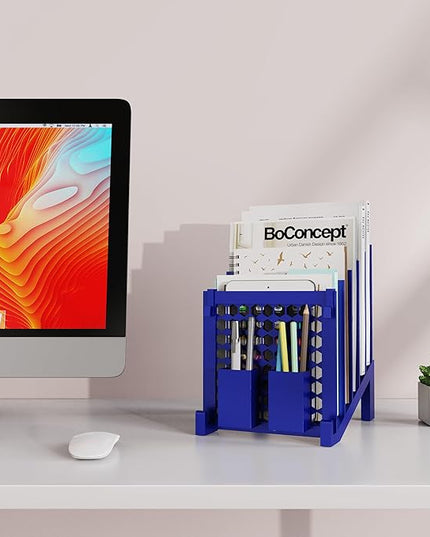 File Organizer for Desk with Storage Box & Hook, Inclined Desk File Organizer with 5-Section Vertical File Holder suitable for Home Office Document Organization