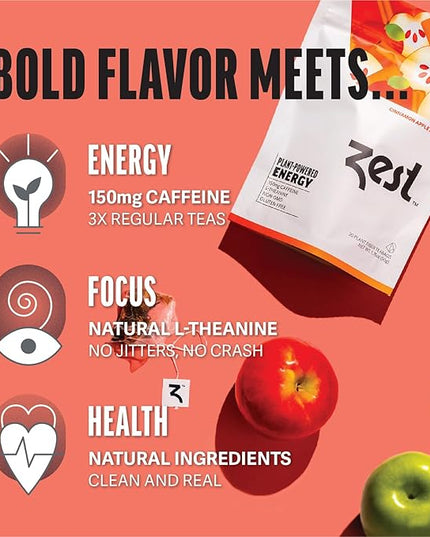 Zest Cinnamon Apple Spice Energy Tea – High Caffeine Black Tea Bags for Focus, Clarity & Morning Energy – Natural Non-GMO Caffeinated Breakfast Tea – Cozy Fall Focus Tea with 150mg Caf – 20Ct Pack