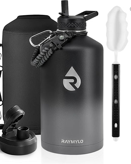 One Gallon Water Bottle Insulated, Triple Walled Vacuum Stainless Steel (Cold for 48 Hrs), Leak Proof & Non-BPA, Large Water Flask Jug with Paracord Handle & Straw Spout Lids