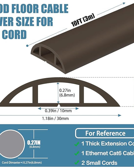 Floor Cord Covers for Wires 10FT Cable Hider Wire Cover Self Adhesive Cord Hider Floor for Offices, Homes, Workshops, Warehouses Cable Cavity 0.39" W x 0.27" H