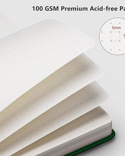 RETTACY Bullet Dotted Journal Notebook, 192 Pages, A5 Medium Size (5.7'' x 8.3''), Leather Hardcover, 100 GSM Thick Paper, for Bullet Journaling, Planning, Tracking (Dark Green)