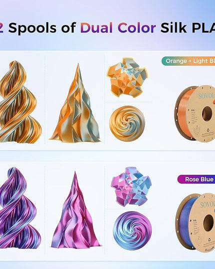 Sovol Silk PLA Filament 6KG Kit, Silk Tri Color & Dual Color Co-Extrusion PLA Materials, Shiny Multicolored Fast Change Rainbow 3D Printer Filament, 1.75mm 1kg/ 2.2lbs +/-0.03mm