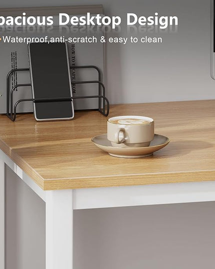 Need Computer Desk, 47 inch Home Office Desk, Modern Simple Style Home Office Gaming Desk, Basic Writing Table for Study Student, White Metal Frame, Teak
