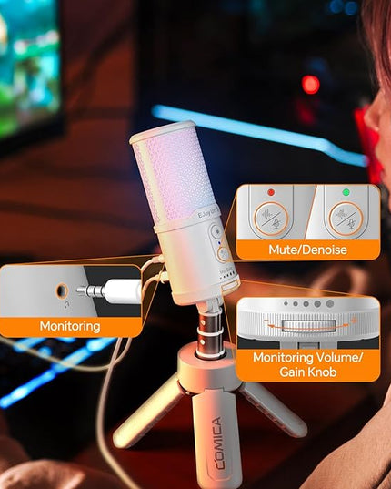 COMICA EJoy UNI S Gaming USB Microphone for PC, RGB Condenser Mic with Noise Reduction, Tripod Stand, Streaming Microphone for Gaming, Streaming, Podcasting, Recording, Laptop, PS4, PS5 (White